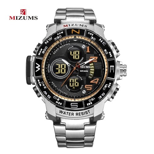 MIZUMS Men Watch Fashion Alloy Case Stainless Steel Band Led Watch Sports Waterproof Quartz Wrist Watch