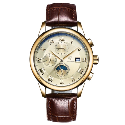 TEVISE Luxury Moon Phase Luminosité résistant à l'eau Automatic Man Mechanical Watch Hommes en cuir véritable Auto-Enroulement Hommes Montres-bracelets Masculino Relogio + Box