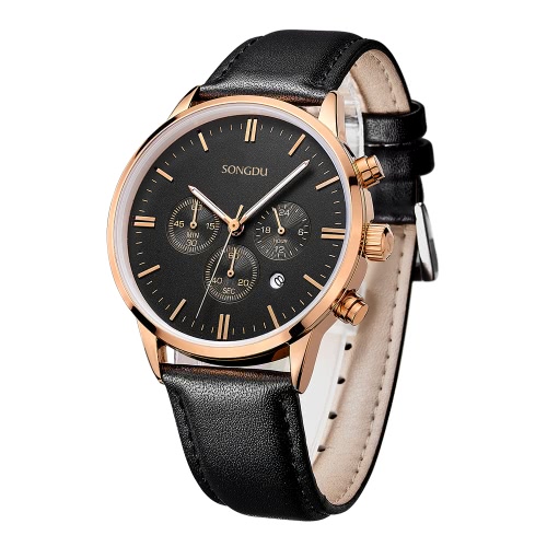 

SONGDU Fashion Luxury Luminous Genuine Leather Men Casual Watch Quartz Chrono 30M Water-Proof Business Wristwatch + Box