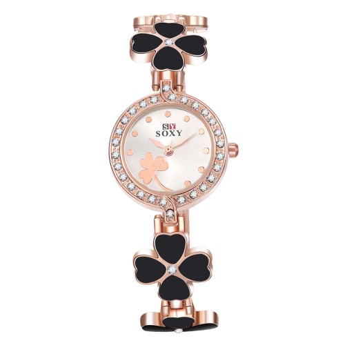 SOXY mujeres Casual cuarzo Pulsera electrónica reloj oro rosa Zamak con cuatro hojas Lucky Clover Rhinestones Analógico Digital pantalla en blanco