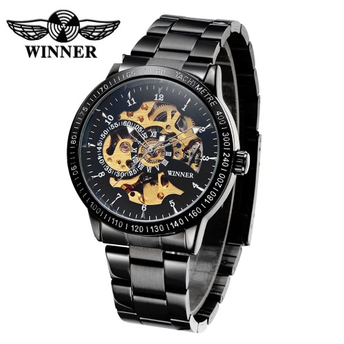 WINNER Luxury Brand Skeleton Semi Automatic Men Mechanical Watch Luminous Stainless Steel Hand-winding Business Man Wristwatch with 2 sub-dial Box