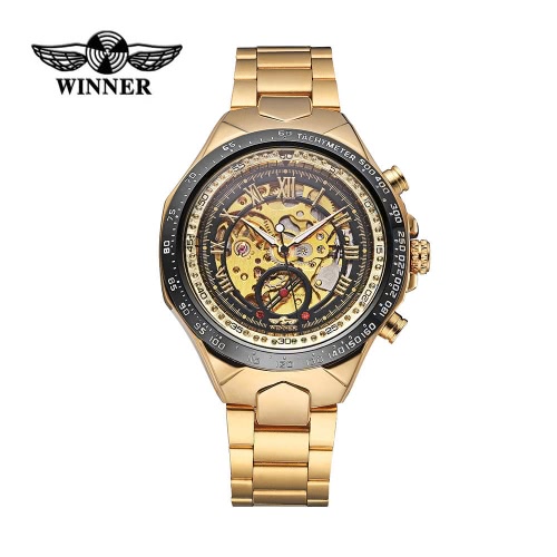 GANADOR alta calidad hombres reloj mecánico automático grande marcar automático esqueleto negocios ahuecada reloj de pulsera