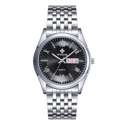 

WWOOR Luminous Analog Stainless Steel Date Week Waterproof Men's Quartz Watch