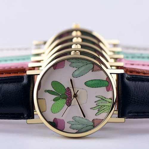 

OKTIME Fashion Women Watch Leather Band Analog Round Mini Cactus Pattern Quartz Vogue Wrist Watch