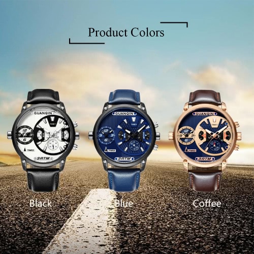 

GUANQIN Sapphire Luminous Dual Time Display Quartz Men Watch Sports Chronograph Leather Water-Proof Man Casual Wristwatch + Box