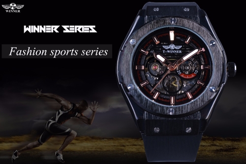 

WINNER Luminous Luxury Automatic Mechanical Men Watch Skeleton Self-Winding Sports Style Men Casual Wristwatch Rubber Band + Box