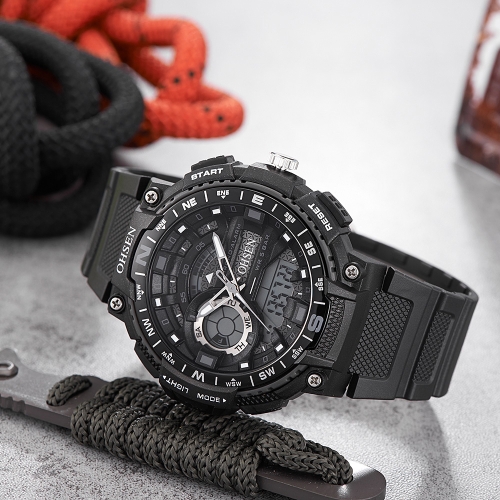 

OHSEN Dual Display Digital Quartz Men Watch 5ATM Water-Proof Sports Watch Rubber Band Chronograph/Backlight/Alarm Masculino Relogio