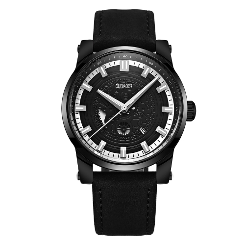 OUBAOER Moda Esporte Relógios de homem de couro genuíno Quartz 3ATM resistente à água Casual Luminous Man Relógio de pulso Calendário