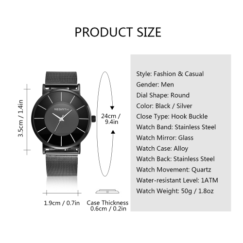 

REBIRTH Fashion Stainless Steel Men Watches 1ATM Water-resistant Quartz Casual Man Simple Wristwatch Relogio Musculino