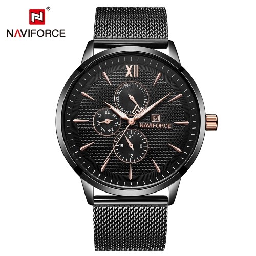 

NAVIFORCE NF3003 Мужские часы Марка Стильная водонепроницаемая нержавеющая сталь 24-часовой дисплей Неделя недели Регулируемая пряжка Кварцевые часы