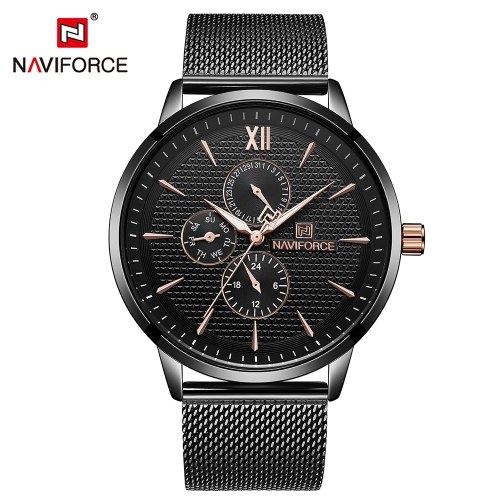 NAVIFORCE NF3003 hommes montre élégant en acier inoxydable étanche 24 heures date semaine affichage boucle réglable montre à quartz