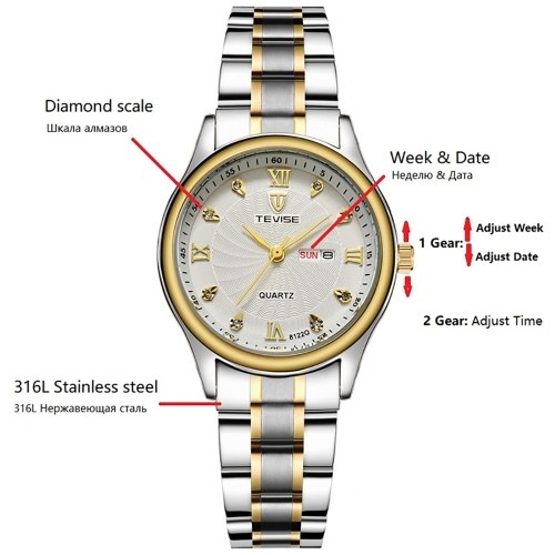 

TEVISE 8122Q Women Watch Quartz Stainless Steel Strap Simple Wristwatch Life Waterproof Calendar Fashion Casual Female Watches