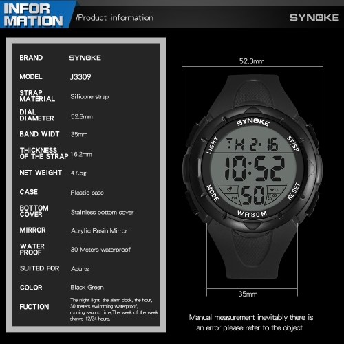 

SYNOKE 9005 Sport Watch LED Digital Watch Alarm Luminous Second Timing Daily Waterproof Sport Band