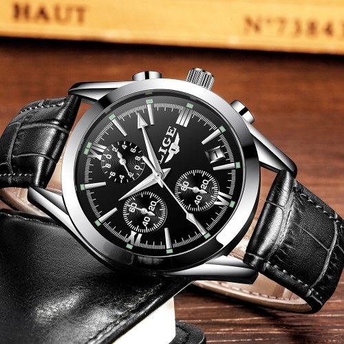 

LIGE 9839 Quartz Watch Simple Men Time Calendar Display Wristwatch