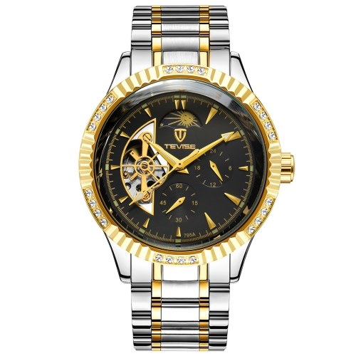 

TEVISE Men Automatic Mechanical Watch Stainless Steel Strap Time & Moon Phase Display 3ATM Waterproof Male Fashion Watches for Business & Daily Life (Box Packaged)