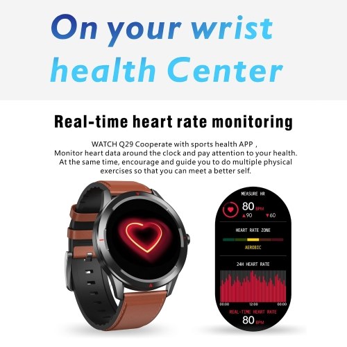 Q29 Smart Bracelet 1.32'' TFT Full-Touch Screen 360*360 High Resolution BT5.0 5ATM Waterproof 9.5mm Ultra-thin Design Custom Dial Heart Rate/Sleep/Blood Pressure Monitor 35-day Standby 8 Sports Mode Breath Training/Music Control/Remote Camera Compatible with Android iOS