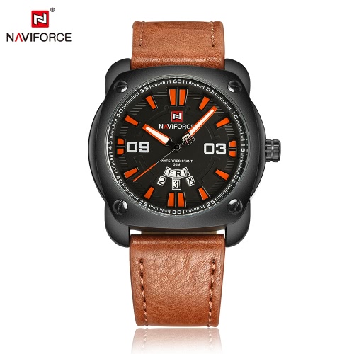 NAVIFORCE Man Moda Casual Sports relógio de pulso Assista 3ATM resistente à água Couro PU Strap Man Quartz Relógio de pulso com função de calendário