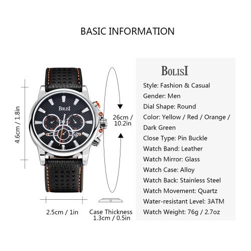 

Bolisi Fashion Casual Quartz Watch 3ATM Water-resistant Men Watches Genuine Leather Wristwatch Male Calendar Timer