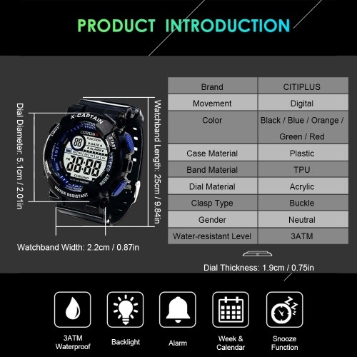 CITIPLUS T-1 Analog Digital Men Women Watch Week Calendar Fashion Casual Sports Wristwatch 3ATM Waterproof Backlight Snooze Function Male Female Watches