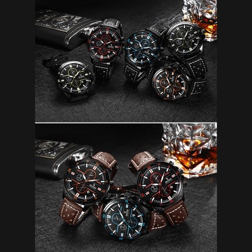 

Classic Men Quartz Watch SENORS Analog Chronograph Wrist Watch with Calendar 3ATM Waterproof Multifunction Sport Watch Leather Strap