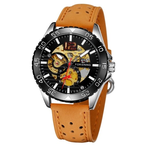 Men's Watch Automatic Mechanical Watches with Leather Band Strap Classic Skeleton Dial Design Luminous Wristwatch