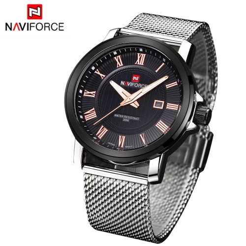 

NAVIFORCE Casual Men Wristwatch Water Resistant Men's Quartz Watch Stainless Steel Strap with Calendar Luminous Pointers