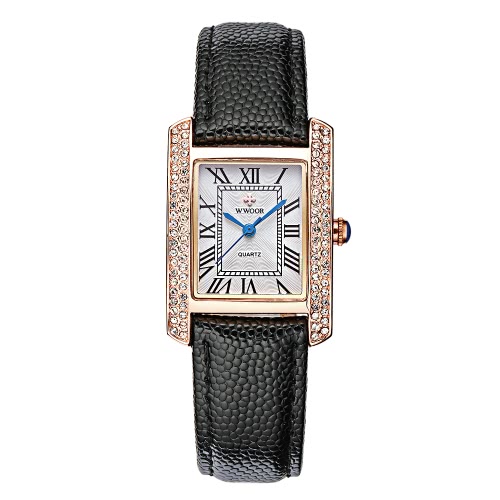 Montre WWOOR 2016 Fashion Marque de luxe Montres Femmes Diamant strass cuir véritable bracelet Quartz Mesdames Casual Montre 30M Water-Proof + Boîte de rangement