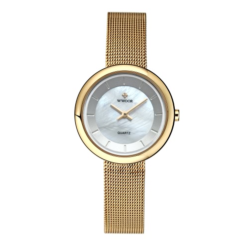 WWOOR ultra finas de moda de lujo marca mujeres relojes de acero inoxidable malla correa de cuarzo analógico a prueba de agua reloj de pulsera para damas + caja