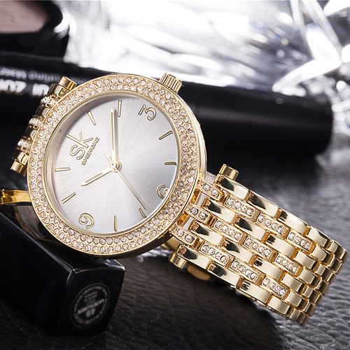 SK Marca Rhinestone de lujo de acero relojes de las mujeres