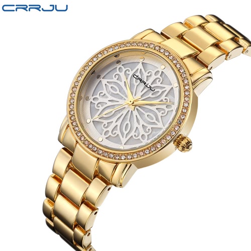 

CRRJU Brand Luxury Diamond Stainless Steel Women Watches Water-Proof Skeleton Business Dress Wristwatch Ladies Watch Gift + Box