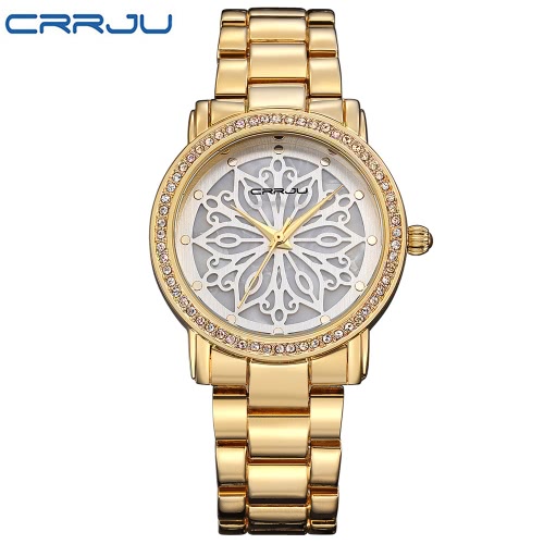 CRRJU Brand Luxury Diamant en acier inoxydable Femmes Montres Water-Proof Skeleton Business Dress Wristwatch Ladies Watch Gift + Box