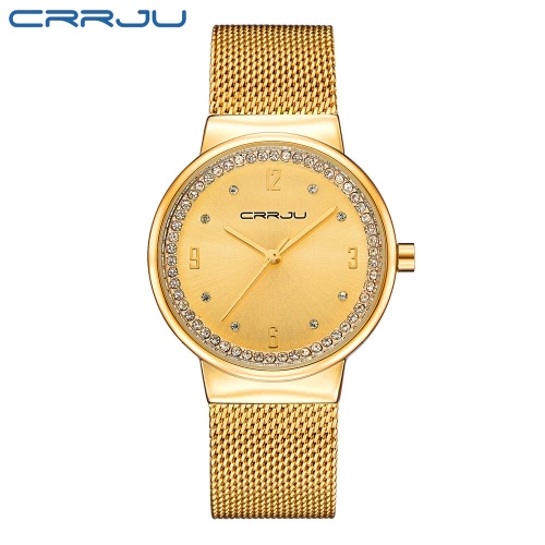 CRRJU Luxury Diamond Mesh Stainless Steel Women Watches Quartz Water-Proof Simplicity Casual Wristwatch Elegant Ladies Watch Gift + Box