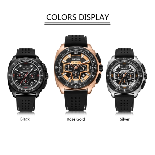

MEGIR Fashion Sport Silicone Men Watches 3ATM Water-resistant Quartz Luminous Man Wristwatch Chronograph Calendar