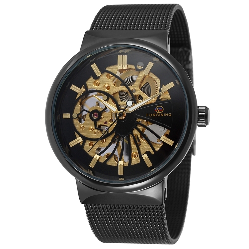 FORSINING Luxury Luminous Skeleton Men Mechanical Watch Hand-Winding Mesh Stainless Steel Band Man Casual Wristwatch + Box