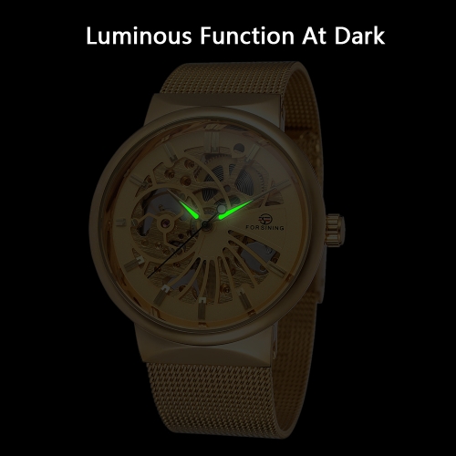 FORSINING Luxury Luminous Skeleton Men Mechanical Watch Hand-Winding Mesh Stainless Steel Band Man Casual Wristwatch + Box