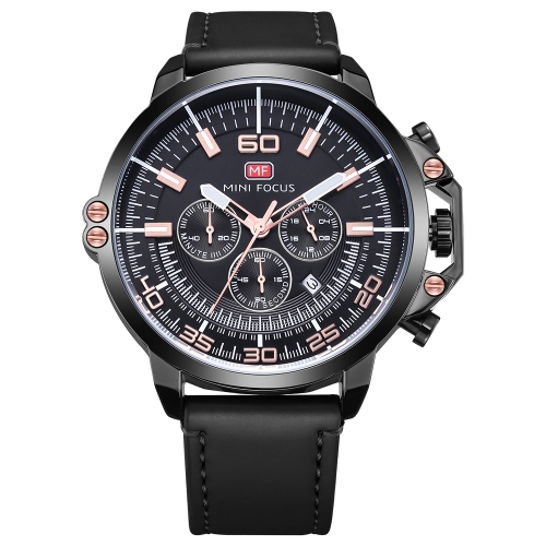 

MINI FOCUS Fashion Genuine Leather Men Watches Quartz 3ATM Water-resistant Luminous Casual Man Wristwatch Calendar