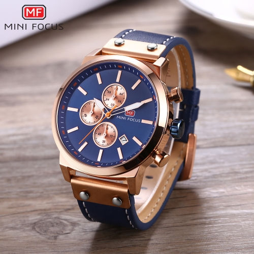 

MINI FOCUS Fashion Genuine Leather Men Watches Quartz 3ATM Water-resistant Luminous Casual Man Wristwatch Calendar