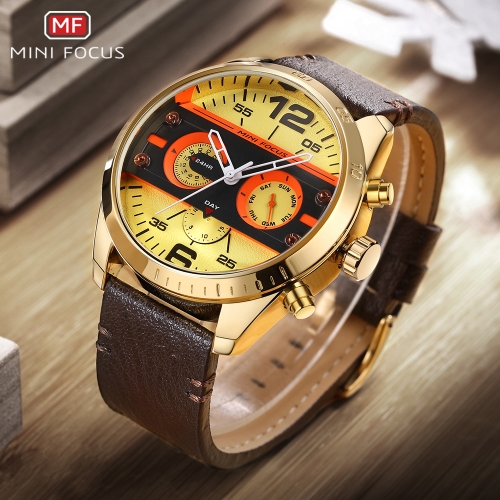 

MINI Focus Fashion 3ATM Water-Proof Quartz Men Watch Genuine Leather Sports Military Style Chronograph Man Casual Wristwatch + Box