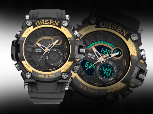 

OHSEN Dual Display Цифровые кварцевые мужские часы 5ATM Water-Proof Sports Watch Резиновая лента Хронограф / подсветка / будильник
