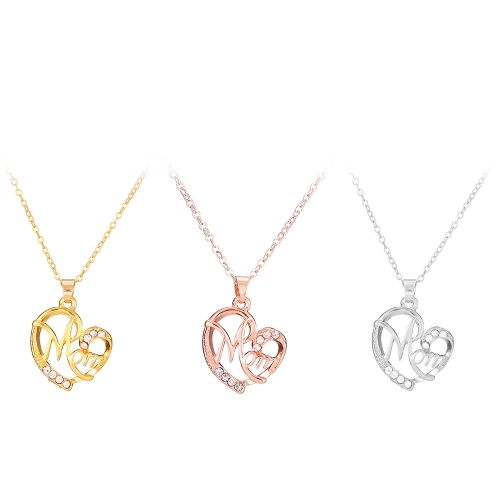 

Fashion Mom Letters Heart-shaped Pendant Embedded Diamond Necklace for Mother Jewelry Gift