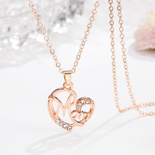 

Fashion Mom Letters Heart-shaped Pendant Embedded Diamond Necklace for Mother Jewelry Gift