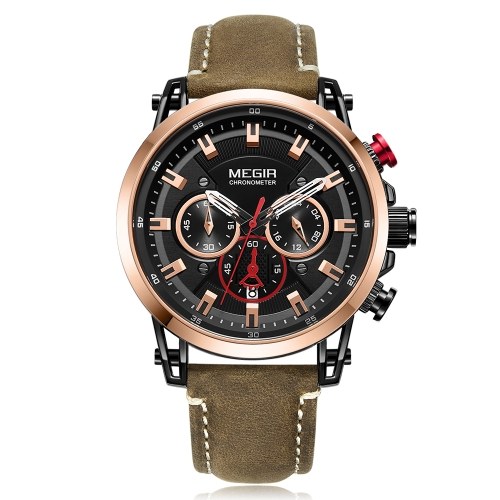 

MEGIR 2085 Watch Men Sport Chronograph Leather Strap Quartz Movement Watch