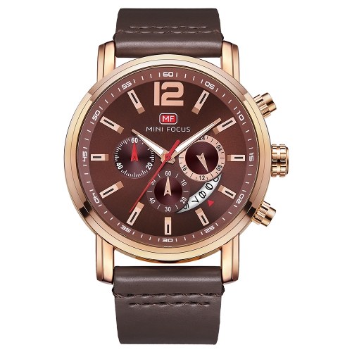 

MINI FOCUS MF0086G Men Watch Quartz Leather Strap Simple Wristwatch Time Display Calendar Fashion Casual 3ATM Waterproof Luminous Hands Male Watches