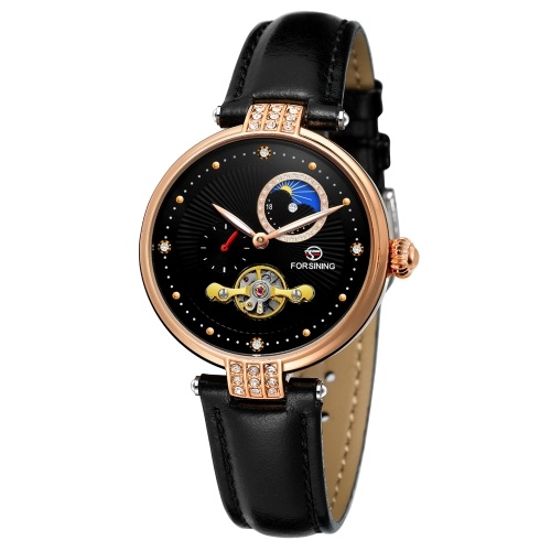 

FORSINING Women's Automatic Mechanical Watch with Leather Strap Hollow-out Design Luminous Display Wristwatch for Women