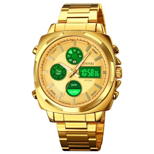 

SKMEI 1673 Quartz Digital Electronic Men Watch Stylish Multifunction Dual-display Wristwatch 30M Waterproof Business Casual Watch Stopwatch/LED Luminous/Alarm/Date/Week/Hourly Chime