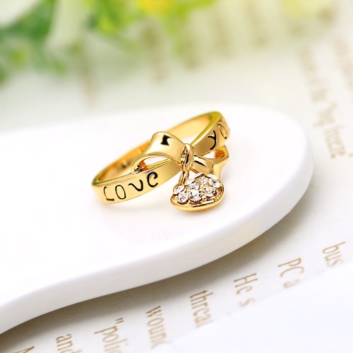 Zircon Love Heart Drop Pendant Letter LOVE YOU Bowknot Ring 18K Gold Plated Fashion Wedding Jewelry for Girl Women