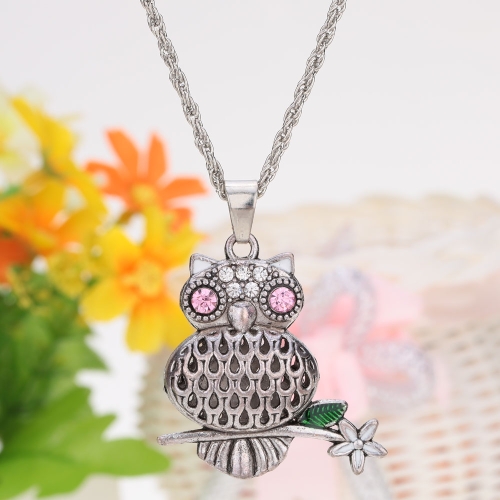 

Fashion Vintage Retro Branch Crystal Rhinestone Hollow Summer Owl Pendant Necklace Sweater Chain Metal Alloy Bird Jewelry for Woma