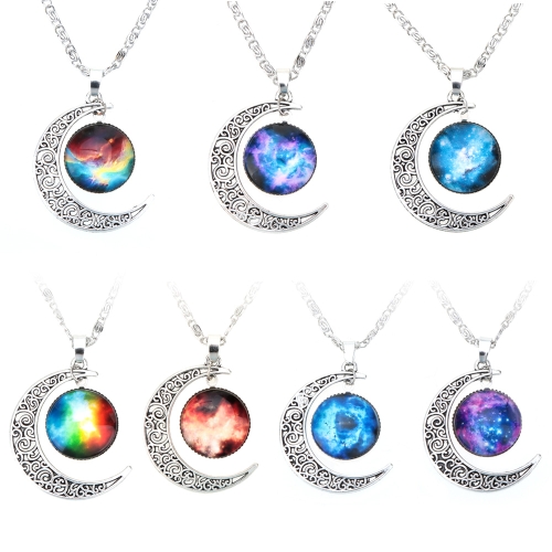 New Fashion Jewelry Retro Hollow Moon Crescent Pendant Silver Chain Cabochon Galaxy Necklace For Women Girls