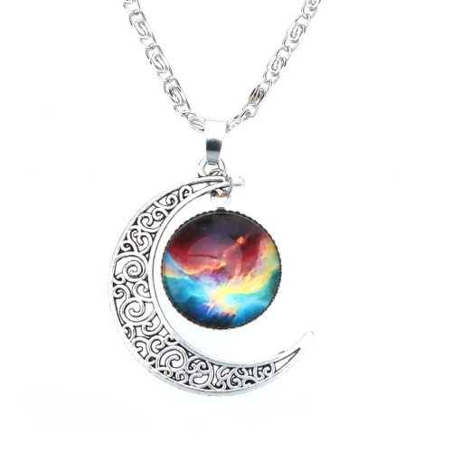 

Retro Hollow Moon Crescent Pendant Silver Chain Cabochon Galaxy Necklace