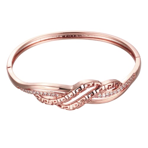 Brass Bangle Bracelet Embedded with AAA Zircon with An Opening & Waved Hollow Lines Golden & Rose Golden Fashional Accessories for Women